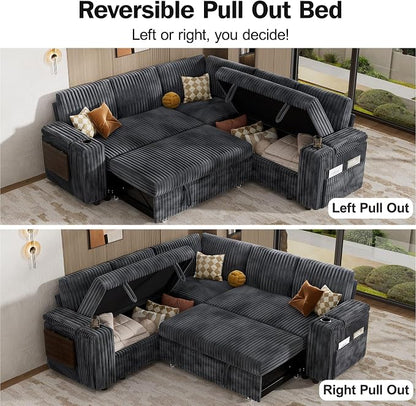 Vipbear 86" Modular Sectional Sleeper Sofa with Pull Out Bed, 5 Seat Plush Corduroy L Shaped Couch with Storage Seat|USB Ports|Cup Holders|Side Table|Storage Armrests, Tool Free Assembly, Grey