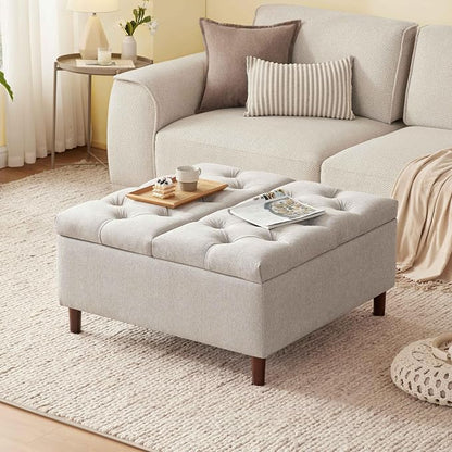 Weture 35 Inch Extra Large Storage Ottoman Coffee Table, No Assembly Required, Oversized Square Ottoman with Storage, Tufted Upholstered Ottomans Coffee Table for Living Room (Fabric, Light Grey)