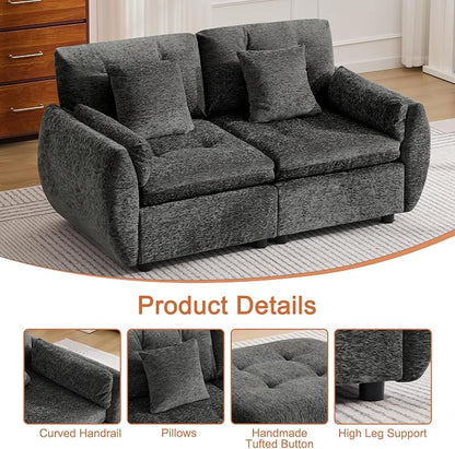 57" Modular Loveseat Cloud Sofa, Deep Seat Tufted Chenille Sectional Love Seat Couch with Curved Arms, 2-Seater Couches for Living Room, Dark Grey