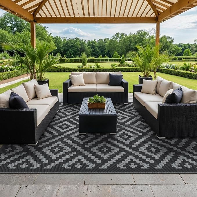 GENIMO Outdoor Rug for Patio Clearance,9'x12' Waterproof Large Mat,Reversible Plastic Camping Rugs,Rv,Porch,Deck,Camper,Balcony,Backyard,Black & Gray