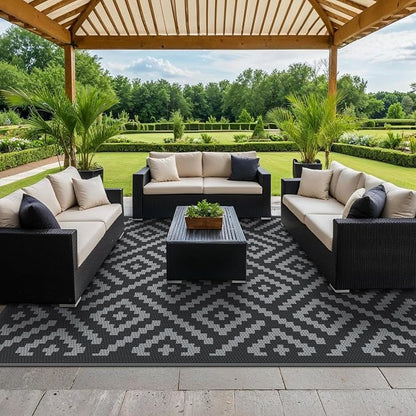 GENIMO Outdoor Rug for Patio Clearance,9'x12' Waterproof Large Mat,Reversible Plastic Camping Rugs,Rv,Porch,Deck,Camper,Balcony,Backyard,Black & Gray