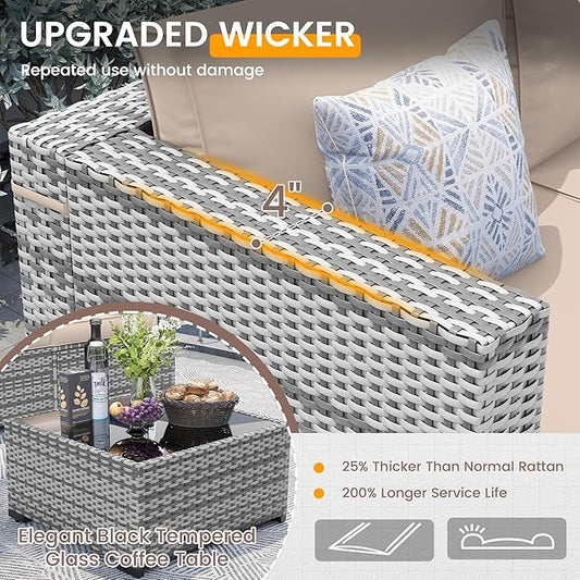 UDPATIO Patio Furniture Set with Fire Pit Table, 8 Pcs Outdoor Sectional Sofa, PE Wicker Patio Conversation Set for Garden, Backyard (Beige Cushions with Grey Rattan)