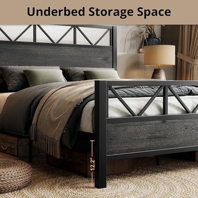 LIKIMIO Queen Bed Frame, Tall Industrial Headboard 51.2 ", Platform Bed Frame with Strong Metal Support, Solid and Stable, Noise Free, No Box Spring Needed, Easy Assembly, Charcoal Grey