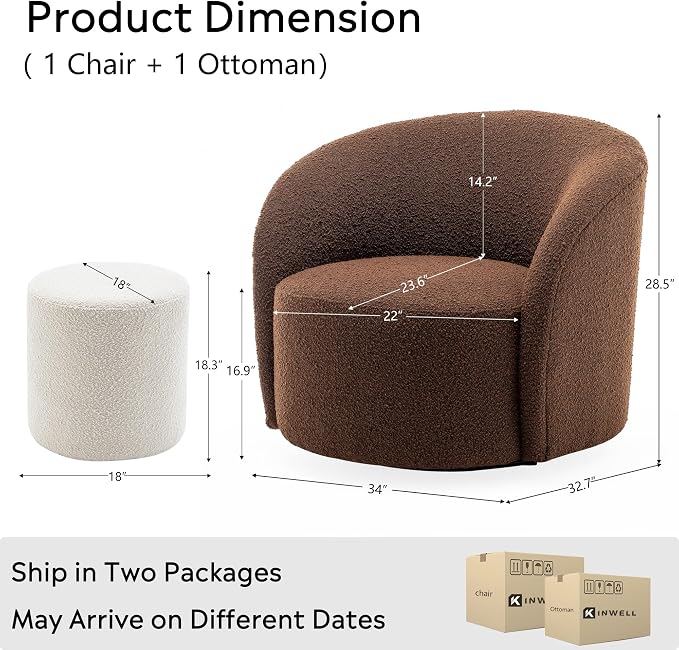 KINWELL 34" Boucle Swivel Barrel Chair with 18" Round Ottoman Set, Fully Assembled Set of Sherpa Accent Chair and Footrest, Modern Comfy Armchair and Footstool for Living Room and Bedroom, Brown