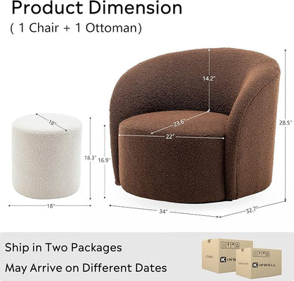 KINWELL 34" Boucle Swivel Barrel Chair with 18" Round Ottoman Set, Fully Assembled Set of Sherpa Accent Chair and Footrest, Modern Comfy Armchair and Footstool for Living Room and Bedroom, Brown