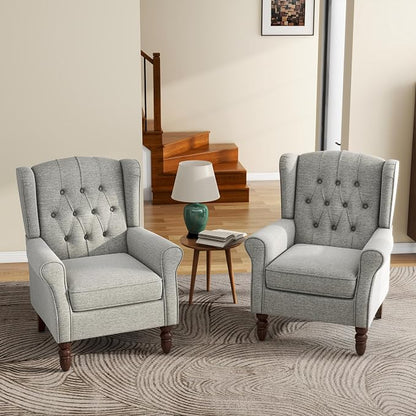 High Back Accent Chairs Set of 2, Upholstered Armchair in Fabric, Retro Wingback Arm Chair for Living Room, Comfy Single Sofa Bedroom Reading Seat with Solid Wood Legs - Light Gray