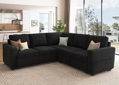 HONBAY Modular Sectional Sleeper Sofa with Pull-Out Bed, Velvet L-Shaped Sofa with Storage Seat, Sectional Sofas for the Living Room, Black