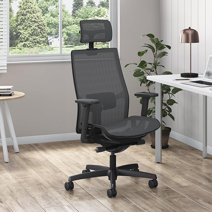 HON Ignition 2.0 Ergonomic Office Chair with Headrest, Mesh Desk Chair with Lumbar Support, Synchro‑Tilt Recline, Height and Width Adjustable Arms, Swivel Wheels, Black Frame, Black