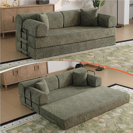 78.8" Memory Foam Boneless Couch, Corduroy Floor Sofa Bed, Convertible Sleeper Futon Loveseat, Wide Armrests & Back Support, Supports Up to 1200 lbs, Couch in a Box with 2 Pillows, Moss Green