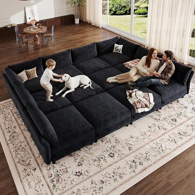 DreamDashio 126" Extra Large Modular Sectional Sofa Cloud Couch with Storage Seat for Living Room with Adjustable Arm, High Back, 4 Seater, L Shaped, Dark Grey Chenille