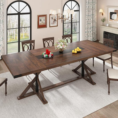 Hlivelood 94" Large Dining Table for 10 People, Rectangular Kitchen Farmhouse Table W/Thickness Waterproof Wood Tabletop,Long Dining Room Tables W/Wood Strip Base for Kitchen Living Room(238CM Brown)
