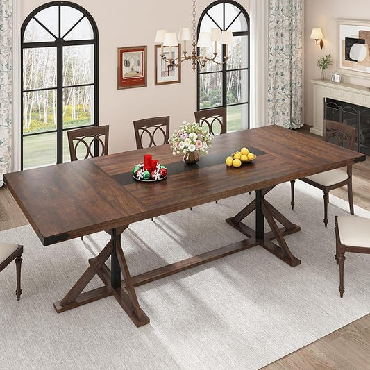 Hlivelood 94" Large Dining Table for 10 People, Rectangular Kitchen Farmhouse Table W/Thickness Waterproof Wood Tabletop,Long Dining Room Tables W/Wood Strip Base for Kitchen Living Room(238CM Brown)