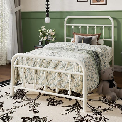 SHA CERLIN Twin Size Metal Platform Bed Frame with Victorian Style Iron-Art Headboard and Footboard, Easy Assembly, Under Bed Storage, No Box Spring Required, Off White