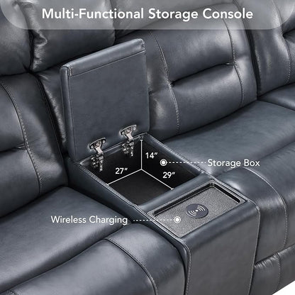 Watson & Whitely Genuine Leather Power Recliner Sofa, Lay Flat Reclining Sofa with Storage Console, Power Headrest & Cup Holders, 3 Seater Electric Reclining Couch for Living Room, Navy Blue