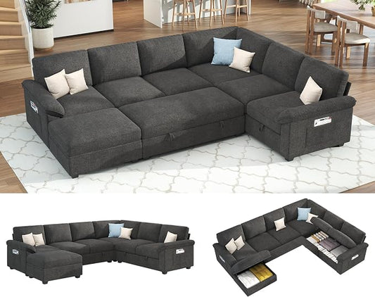 Jocisland 105" Sofa Bed, Sectional Sleeper Sofa with Pull Out Bed/Reclining Backrest, Sleeper Couch Bed with Storage, 6 Seater Couch Bed for Living Room, Chenille Dark Gray