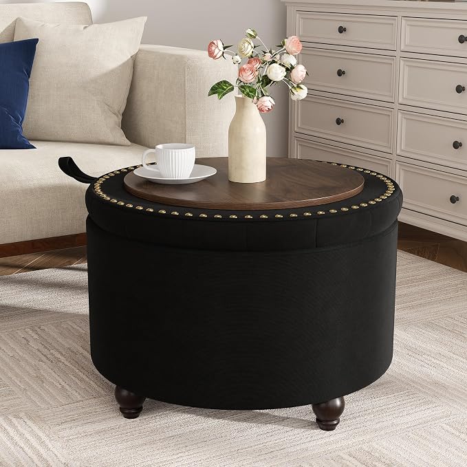 24 Inch Round Storage Ottoman,Modern Tufted Ottomans,Circular Coffee Table with Removable Top,Upholstered Large Ottoman with Storage Footrest Stool for Bedroom Living Room (Black)