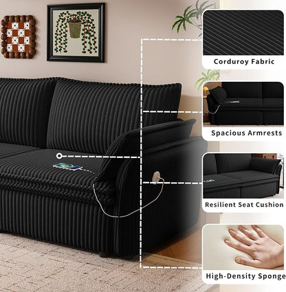 85" Pull Out Sofa Bed Full Size, Pre-Assembled Corduroy Sleeper Sofa, Convertible Loveseat Futon Couch with Storage Ottoman, USB, Pillows, for Apartment, Living Room, Small Spaces, Black