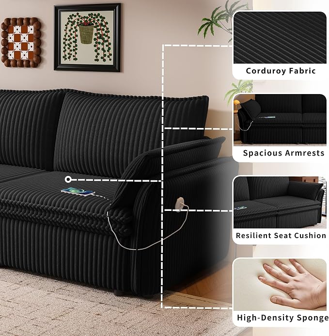 85'' Sofa Bed Full Size, Tool-Free Assembly, 3 in 1 Convertable Sleeper Sofa, Corduroy Couches with Pull Out Bed, USB & Storage, Modern Loveseat for Small Space, Living Room, Corduroy Black