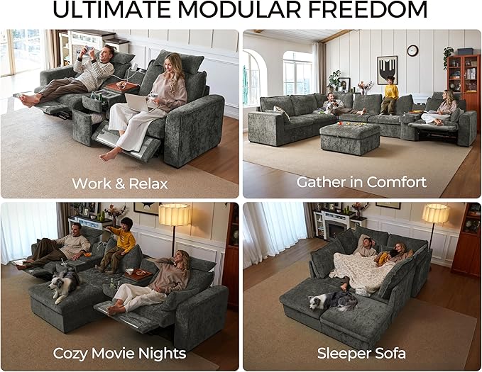 102.8'' Loveseat Power Recliner Sofa with Headrest, Oversized Cloud Modular Sectional Reclining Couch with Table, Storage Drawer, Charging, 2-Seater for RV Home Theater, Chenille, Grey