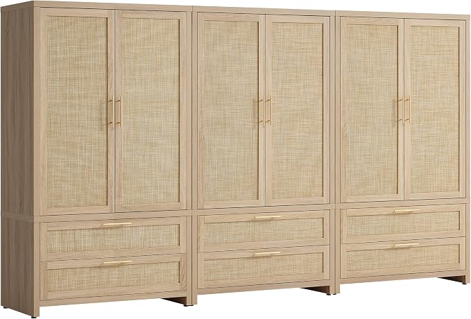SICOTAS Armoire Wardrobe Closet, Larger Rattan Wardrobe Storage Cabinet with 2 Drawers & Hanging Rod, Boho Large-Capacity Deep Clothes Organizer for Cloakroom, Bedroom, Light Oak (3 PCS)