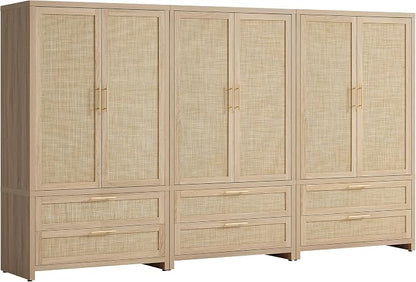 SICOTAS Armoire Wardrobe Closet, Larger Rattan Wardrobe Storage Cabinet with 2 Drawers & Hanging Rod, Boho Large-Capacity Deep Clothes Organizer for Cloakroom, Bedroom, Light Oak (3 PCS)