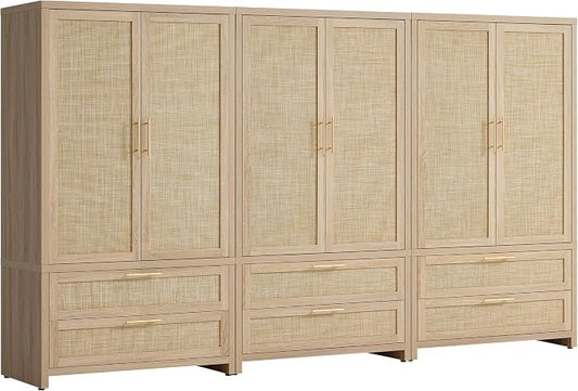 SICOTAS Armoire Wardrobe Closet, Larger Rattan Wardrobe Storage Cabinet with 2 Drawers & Hanging Rod, Boho Large-Capacity Deep Clothes Organizer for Cloakroom, Bedroom, Light Oak (3 PCS)