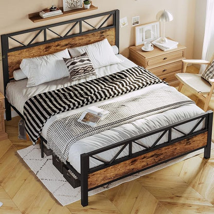 LIKIMIO Queen Bed Frame, Tall Industrial Headboard 51.2 ", Platform Bed Frame with Strong Metal Support, Solid and Stable, Noise Free, No Box Spring Needed, Easy Assembly, Vintage Brown