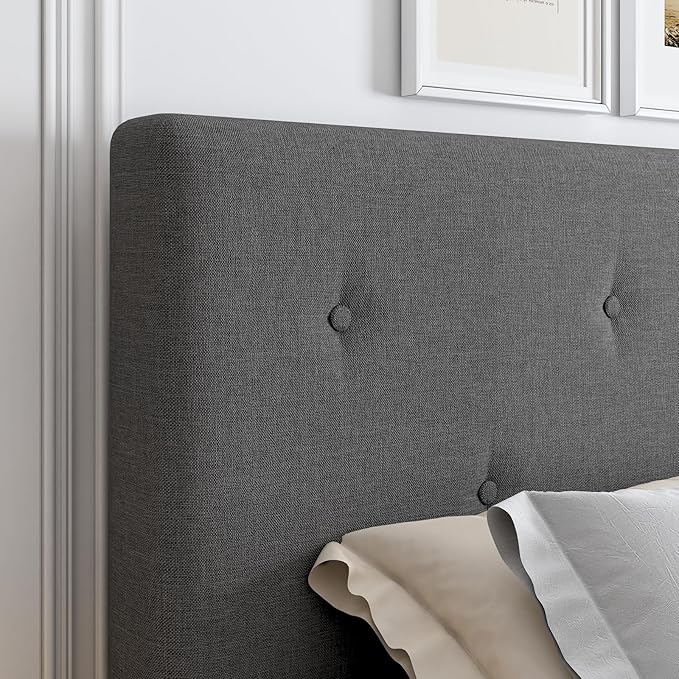Full Size Linen Bed Frame, Upholstered Platform Bed Frame with Adjustable Headboard, Wooden Slats Support, No Box Spring Needed, Easy Assembly, Grey
