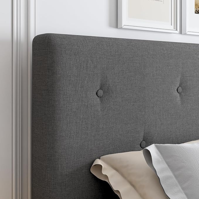 Queen Size Linen Bed Frame, Upholstered Platform Bed Frame with Adjustable Headboard, Wooden Slats Support, No Box Spring Needed, Easy Assembly, Grey