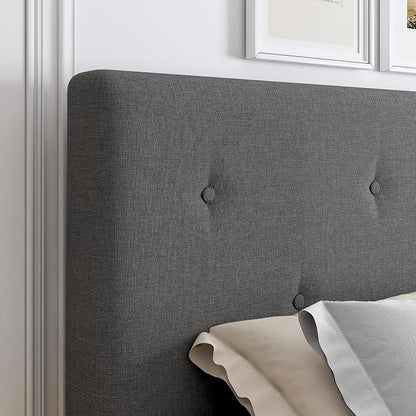 Queen Size Linen Bed Frame, Upholstered Platform Bed Frame with Adjustable Headboard, Wooden Slats Support, No Box Spring Needed, Easy Assembly, Grey