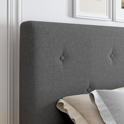 King Size Linen Bed Frame, Upholstered Platform Bed Frame with Adjustable Headboard, Wooden Slats Support, No Box Spring Needed, Easy Assembly, Grey