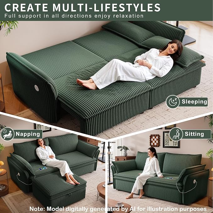 85'' Sofa Bed Full Size, Tool-Free Assembly, 3 in 1 Convertable Sleeper Sofa, Corduroy Couches with Pull Out Bed, USB & Storage, Modern Loveseat for Small Space, Living Room, Corduroy Green