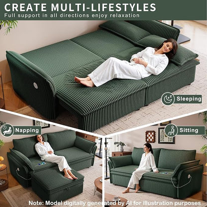 85'' Sofa Bed Full Size, Tool-Free Assembly, 3 in 1 Convertable Sleeper Sofa, Corduroy Couches with Pull Out Bed, USB & Storage, Modern Loveseat for Small Space, Living Room, Corduroy Green
