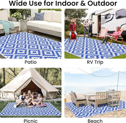 Smiry Waterproof Outdoor Rug 9x12 ft, Reversible Plastic Straw Patio Camping Rugs, Outdoor Indoor RV Mat Carpet for Patio, Outside Entry, Backyard, Deck, Bench, Picnic, Camper, White & Blue