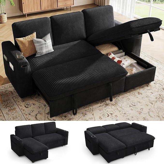 Sectional Sleeper Sofa with Pull Out Bed, Plush Corduroy Sectional Sofa with Storage Chaise and Adjustable Backrest, Cloud Sectional Couches for Living Room, Apartment, Black