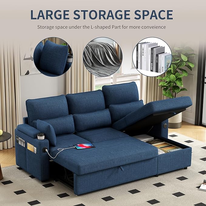 81" L-Shaped Sectional Sofa Couch, Pull-Out Sleeper Sofa Bed with Storage Chaise, Double Cup Holders, Dual USB Charging Ports, Couches for Living Room Apartment