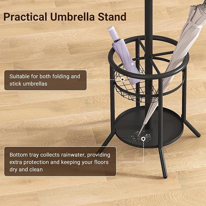 ELYKEN Coat Rack Freestanding, Metal Coat Rack with Umbrella Holder | 12 Hooks, Round Base, Heavy Duty Floor Standing Coat Tree for Entryway, Hallway, Living Room, Bedroom, Office, Black