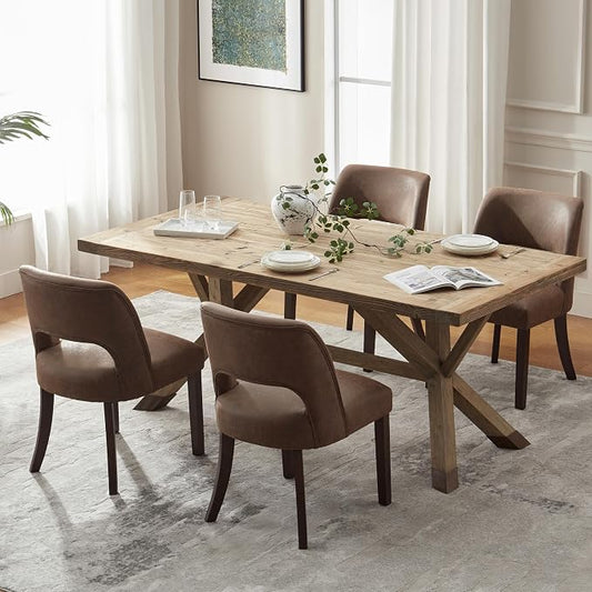 VKNOW Modern Dining Chairs Set of 4 with Rubberwood Legs, Dark Brown | Faux Leather, Curved Back, For family, Kitchen Dining RoomRestaurant Reception Room, No wobble, 80% pre-installed
