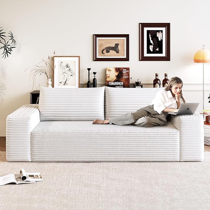 JINGLING 71" Small Couches for Small Spaces, Memory Foam Loveseat Corduroy Couch in a Box, Compressed Boneless Sofa for Living Room Bedroom, Apartment Furniture, No Assembly Required, White