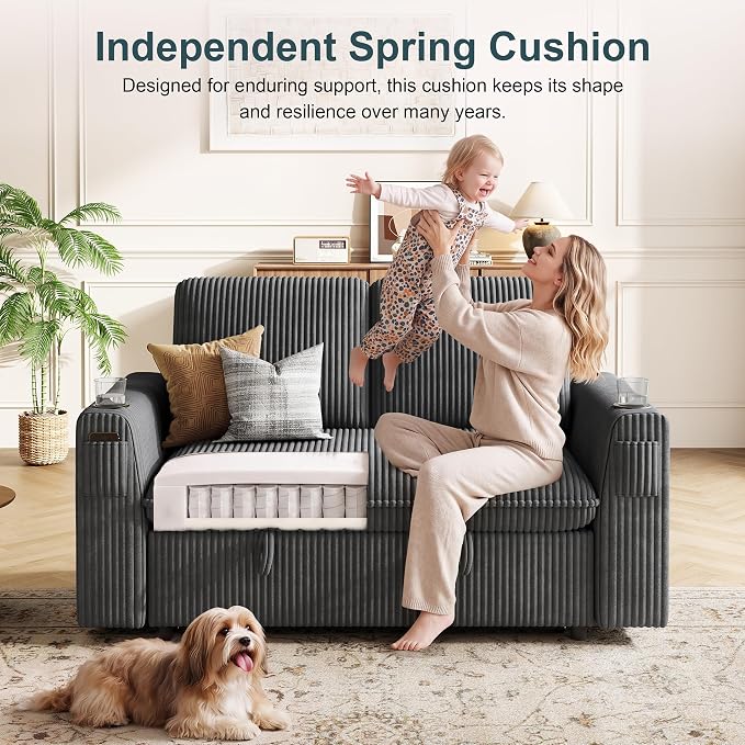 Sleeper Sofa with Pull Out Bed, Plush Corduroy Convertible Sofa Bed with Adjustable Backrest and Cup Holders, Loveseat Sleeper Couches for Living Room, Apartment, Light Grey