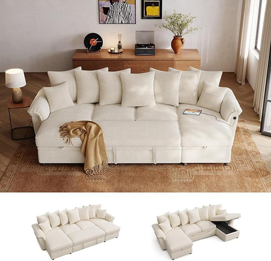 LINSY HOME Oversized Sectional Sleeper Sofa with Pull Out Couch Bed (Beige, 118.5'') | USB Charging