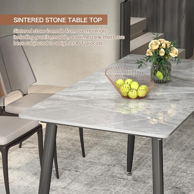 55" Grey MatteGlossy Rectangular Sintered Stone Dining Table | Versatile kitchen furniture for indoor and outdoor placement, matched with adjustable silent foot pads.