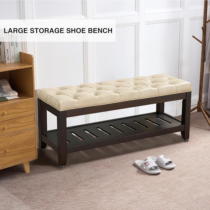 adochr PU Leather Large Rectangular Ottoman with Storage,Upholstered Entryway Bench for Living Room, Oversized Button Tufted Ottoman with Wood Shelf Storage, Ivory