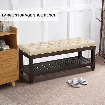adochr PU Leather Large Rectangular Ottoman with Storage,Upholstered Entryway Bench for Living Room, Oversized Button Tufted Ottoman with Wood Shelf Storage, Ivory
