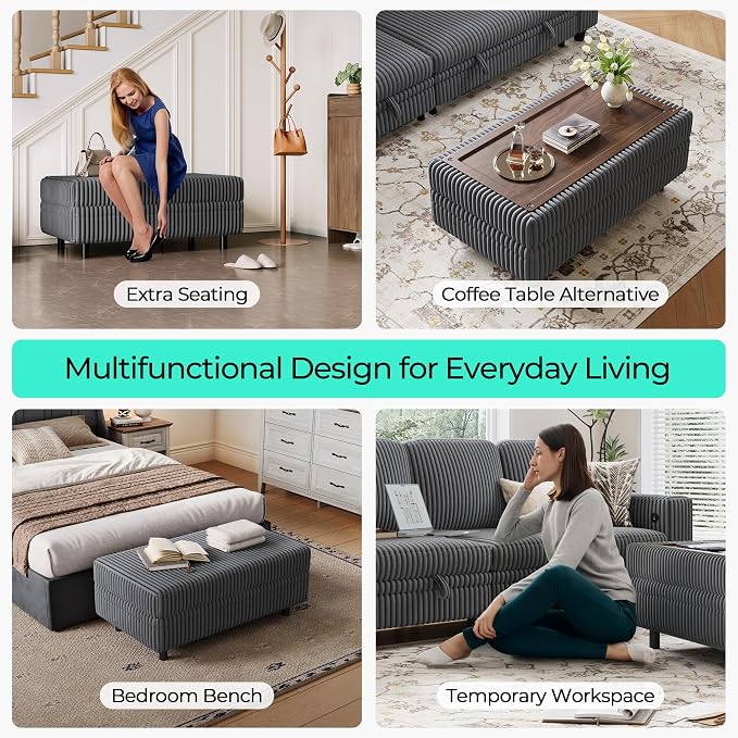 LINSY HOME Sectional Sleeper Sofa with Pull Out Couch Bed for Living Room (Grey) | Plush Corduroy
