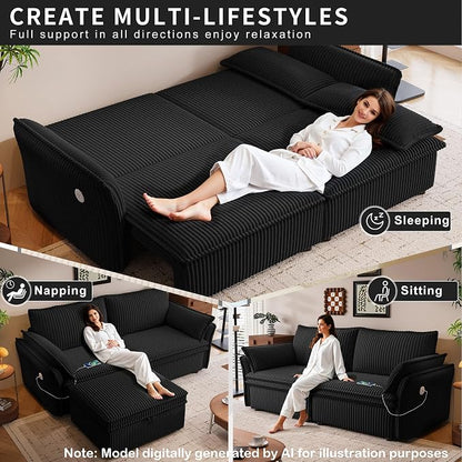 85'' Sofa Bed Full Size, Tool-Free Assembly, 3 in 1 Convertable Sleeper Sofa, Corduroy Couches with Pull Out Bed, USB & Storage, Modern Loveseat for Small Space, Living Room, Corduroy Black
