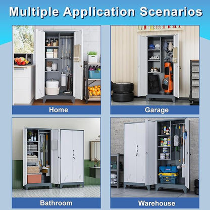 61" Broom Storage Cabinet, Cleaning Tool Storage Cabinet, Garage Utility Storage, Metal Broom Closet for Home, Garage, Utility Room, Hanging Rod (Gray White, Door-2)
