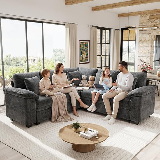 Ihanherry 86" Modular Sectional Sofa with Pull Out Bed, 5-Seater L Shaped Sectional Sleeper Couch with Storage, Chenille Convertible Couches for Living Room, Apartment (Grey)