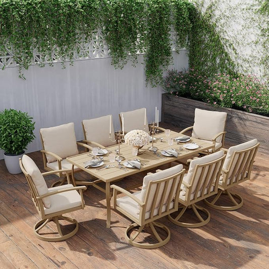 HAPPATIO Aluminum 9 Piece Patio Dining Set, Outdoor Swivel Dining Chairs and Dining Table, Aluminum Outdoor Dining Set for 8, Patio Dining Furniture with Washable Cushions (Beige)