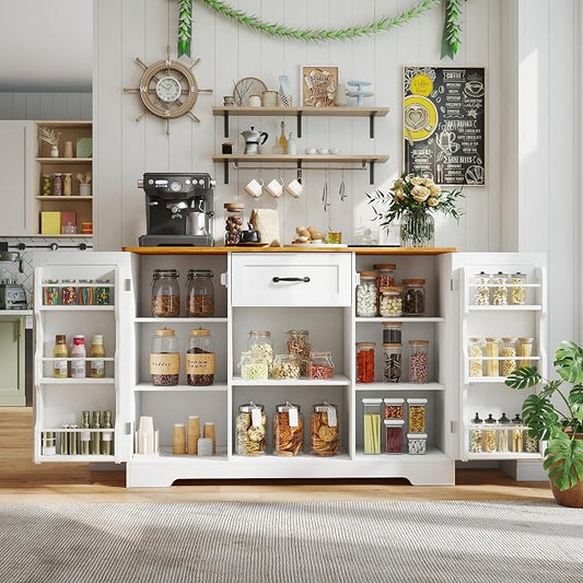 Gizoon 45" Kitchen Sideboard Buffet Cabinet with Storage Coffee Bar Cabinet with Drawer, Kitchen Pantry Storage with Door and Shelves for Bathroom and Living Room, White and Rustic